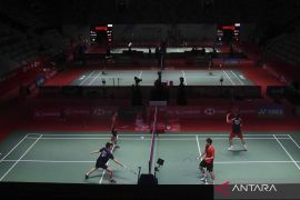 Latihan menjelang turnamen bulu tangkis Indonesia Masters 2023