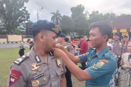 Prajurit TNI AL pasang pangkat ke personel Brimob Polda Babel