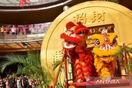 Atraksi Barongsai di pusat perbelanjaan di Medan