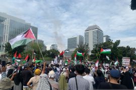 Personel gabungan kawal aksi damai Bela Palestina depan Kedubes AS
