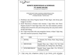 Pengumuman Hasil Seleksi Aministrasi Awal Bakal Calon Dewan Pengawas Syariah PT Bank Nagari Tahun 2025