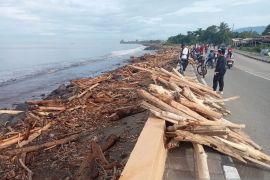 Sampah kayu gelondongan pascabanjir bandang Padang