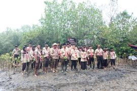 Khofifah bersama Pramuka tanam mangrove di Pantai Cengkrong