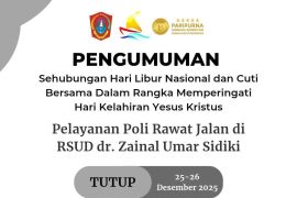 RSUD Zainal Umar Sidiki umumkan rawat jalan tutup sementara selama libur Natal