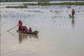 FOTO - Siswa di Makassar gunakan sampan ke sekolah akibat banjir