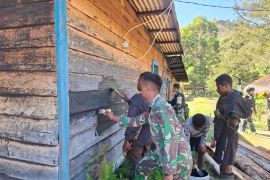 Prajurit Satgas Yonif 511/DY mengecat rumah tokoh masyarakat Lowanom