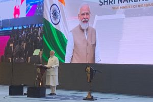PM India Narenda Modi sampaikan pidato di hadapan anggota parlemen RI