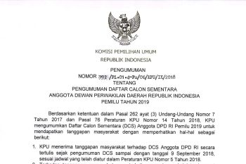PENGUMUMAN DAFTAR CALON SEMENTARA ANGGOTA DEWAN PERWAKILAN DAERAH RI PEMILU 2019