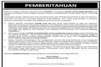 Pemberitahuan PT Telkom Indonesia (Persero) Tbk terkait klaim tanah