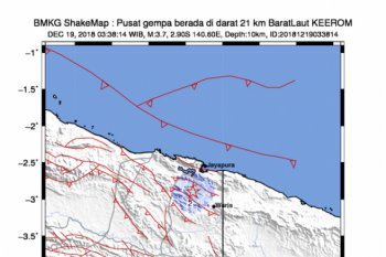 Gempa bumi magnitudo 5,2 landa Keerom Papua