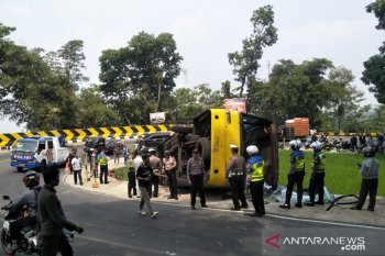 Hindari genangan solar tumpah di jalan, bus ini terjungkal ke dalam sawah