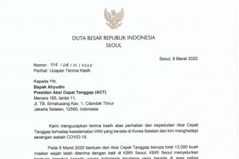 KBRI di Korsel berterima kasih ke ACT atas pengiriman masker cegah corona