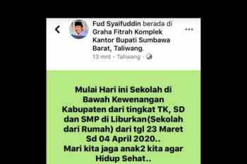 Sumbawa Barat akhirnya liburkan sekolah hingga April 2020