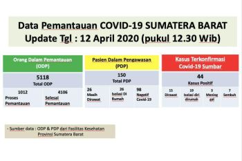 Hari ini pasien positif COVID-19 di Sumbar melonjak drastis jadi 44 Orang