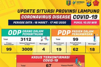 Pasien positif COVID-19 di Lampung bertambah satu, total jadi 67 orang