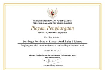 LPKA Maros dapat penghargaan dari Menteri PPPA