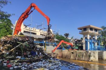 Para petugas DLH DKI dilatih ala pemanjat tebing untuk bersihkan pintu air