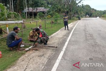 Babinsa Biak Utara bantu warga Kampung Yopdi membuat pagar