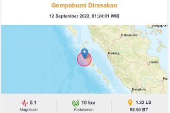 Gempa M 5,1 terjadi di Kepulauan Mentawai Senin dini hari