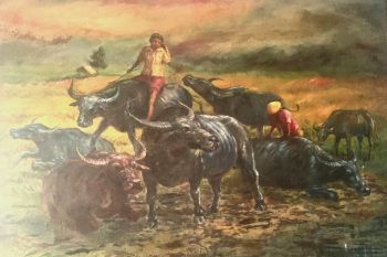 Ini cerita lukisan "Anak Kecil Menunggang Kerbau" karya Sang Maestro Basuki Abdulah