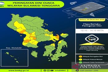 Sejumlah wilayah di Sultra berpotensi hujan sedang hingga lebat