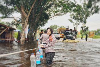 Polisi Rohil pasang penanda di Jalan Lintas Riau-Sumut yang banjir