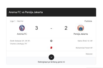 Hasil akhir Arema FC vs Persija Jakarta Singo Edan terkam Macan Kemayoran 3-2