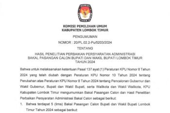 Hasil perbaikan persyaratan bapaslon bupati/wakil bupati Lombok Timur