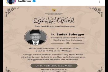 Sekjen HKTI meninggal dunia, Fadli Zon: Pejuang Petani Indonesia
