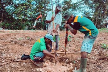 Satgas TMMD Kodim 1708/BN bersama warga Kbusdori lakukan penyemprotan lahan