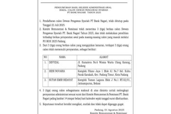 Pengumuman Hasil Seleksi Aministrasi Awal Bakal Calon Dewan Pengawas Syariah PT Bank Nagari Tahun 2025