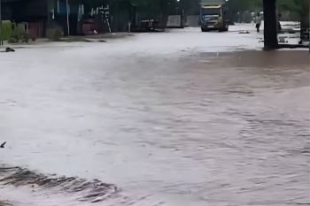 Banjir akibat luapan sungai rendam pemukiman di lereng Gunung Tambora NTB