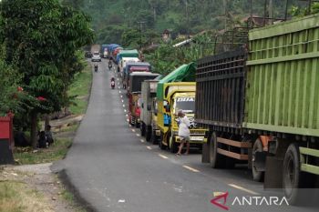 Antrean truk logistik di Jalan Lintas Timur Sumatra