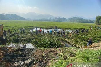 Bandung Barat kerahkan 4 perahu ponton bersihkan eceng gondok di sekitar Jembatan Ciminyak