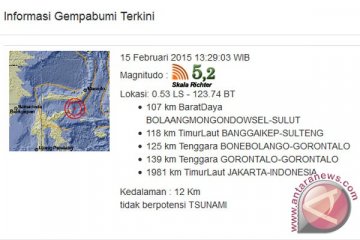 Gempa 5,2 skala richter dekat Bolaang Mongondow