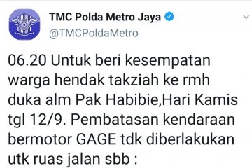 BJ Habibie wafat, tiga ruas jalan ganjil genap sementara distop