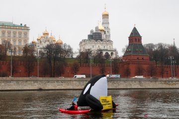 Aksi greenpeace bawa "paus pembunuh" di depan Istana Kremlin