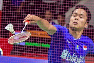 Aksi Jonatan Christie dan Anthony Ginting pada babak pertama Indonesia Masters