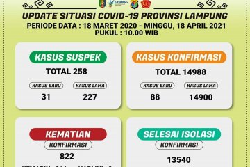 Dinkes: Pasien COVID-19 di Lampung bertambah 88 jadi 14.900 orang