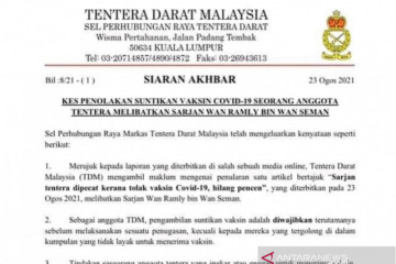 Menolak vaksin, tentara Malaysia dipecat