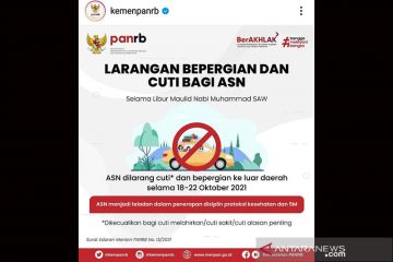 Libur maulid, ASN dilarang cuti bepergian 18-22 Oktober 2021