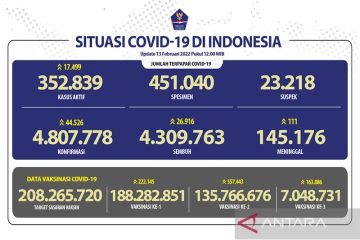 Kasus aktif COVID-19 di Indonesia bertambah 17.499 pada Minggu