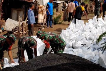 Gotong royong bangun tanggul darurat penahan banjir di Pekalongan