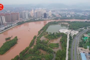 Pemandangan udara Taman Lahan Basah Sungai Kuning di Lanzhou