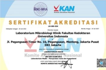 Loboratorium mikrobiologi klinik FKUI raih akreditasi ISO 15189