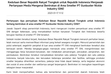 Kedubes China untuk RI kecam kekerasan di area smelter PT GNI