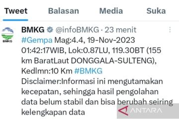 Gempa M 4,4 guncang Donggala, Sulawesi Tengah