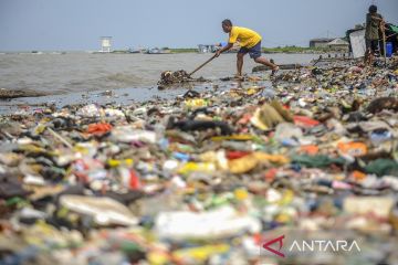 Gelombang tinggi perairan Selat Sunda membawa sampah ke pesisir teluk