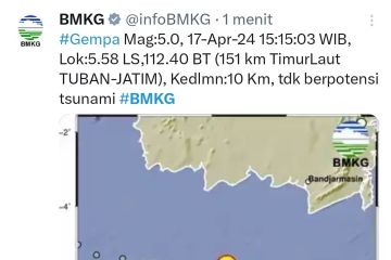 BMKG Tuban belum terima laporan kerusakan akibat gempa