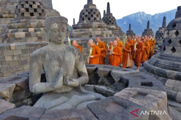 Bhikkhu Thudong lakukan ritual Pradaksina di Candi Borobudur